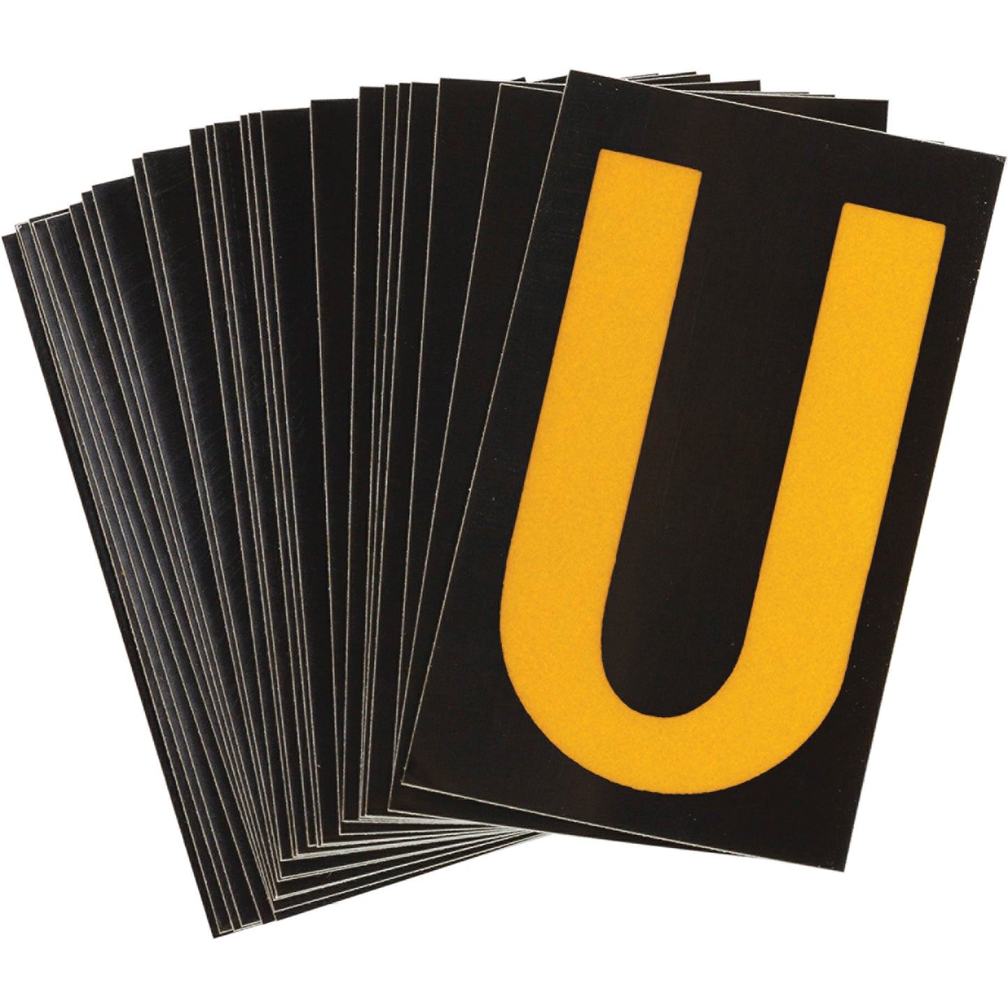 Brady Reflective Individual Number & Letter Labels, U, 1-1/2" H, Yellow on Black