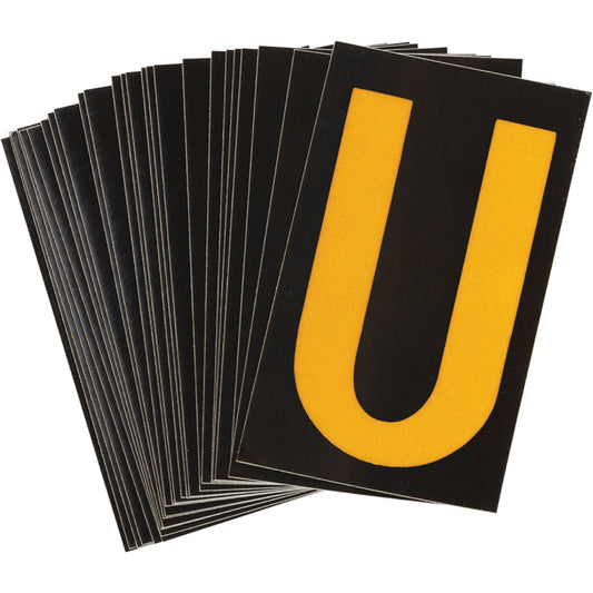Brady Reflective Individual Number & Letter Labels, U, 2-1/2" H, Yellow on Black