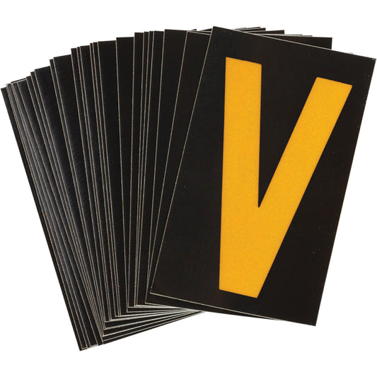 Brady Reflective Individual Number & Letter Labels, V, 1-1/2" H, Yellow on Black