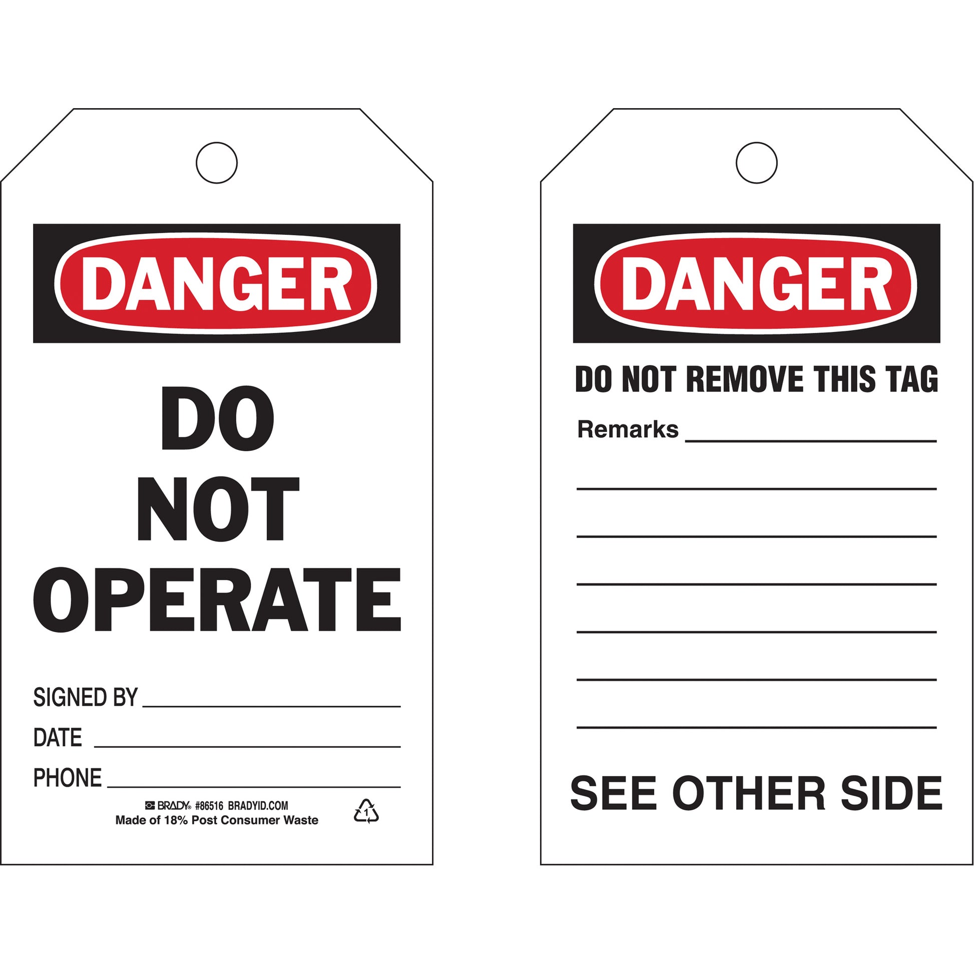 Brady Self-Laminating "Do Not Operate" Tags, Polyester, 4" W x 7" H, English