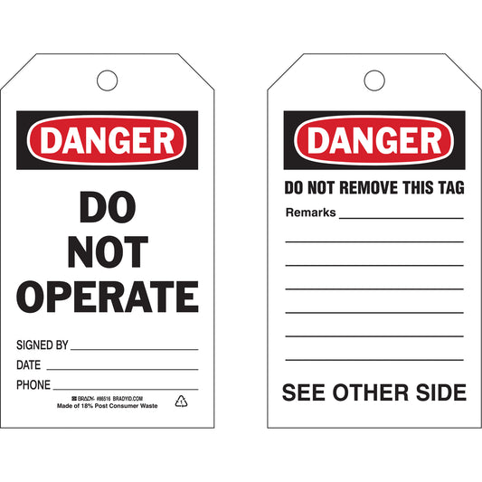 Brady Self-Laminating "Do Not Operate" Tags, Polyester, 4" W x 7" H, English