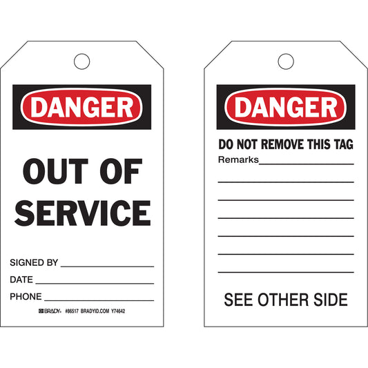 Brady Self-Laminating "Out Of Service" Tags, Polyester, 4" W x 7" H, English