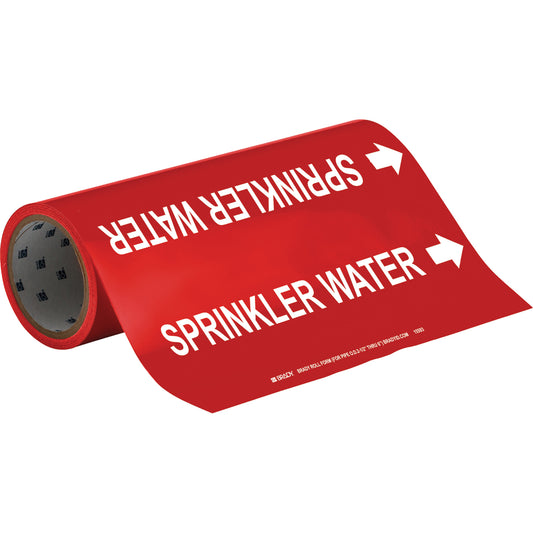 Brady "Sprinkler Water" Roll Form Pipe Markers, Self-Adhesive, Cuttable H x 12" W, White on Red