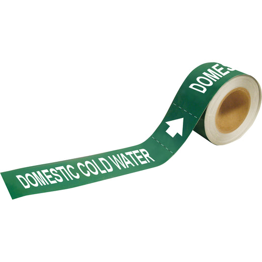 Brady "Domestic Cold Water" Pipe Markers, Self-Adhesive, 1" H x 8" W, White on Green