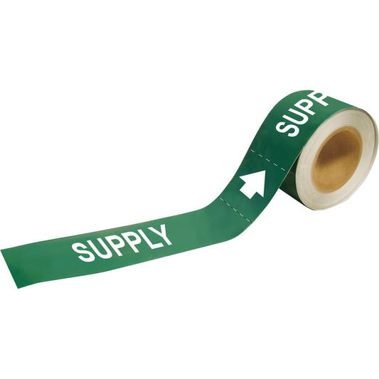 Brady "Supply" Pipe Markers, Self-Adhesive, 1" H x 8" W, White on Green