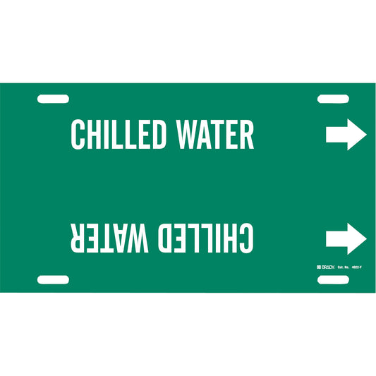 Brady "Chilled Water" Pipe Marker, Strap-On, 8" H x 16" W, White on Green