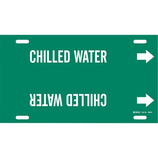 Brady "Chilled Water" Pipe Marker, Strap-On, 10" H x 24" W, White on Green