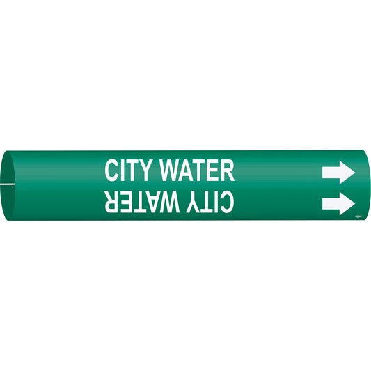 Brady "City Water" Pipe Marker, Snap-On, 2" H x 2" W, White on Green