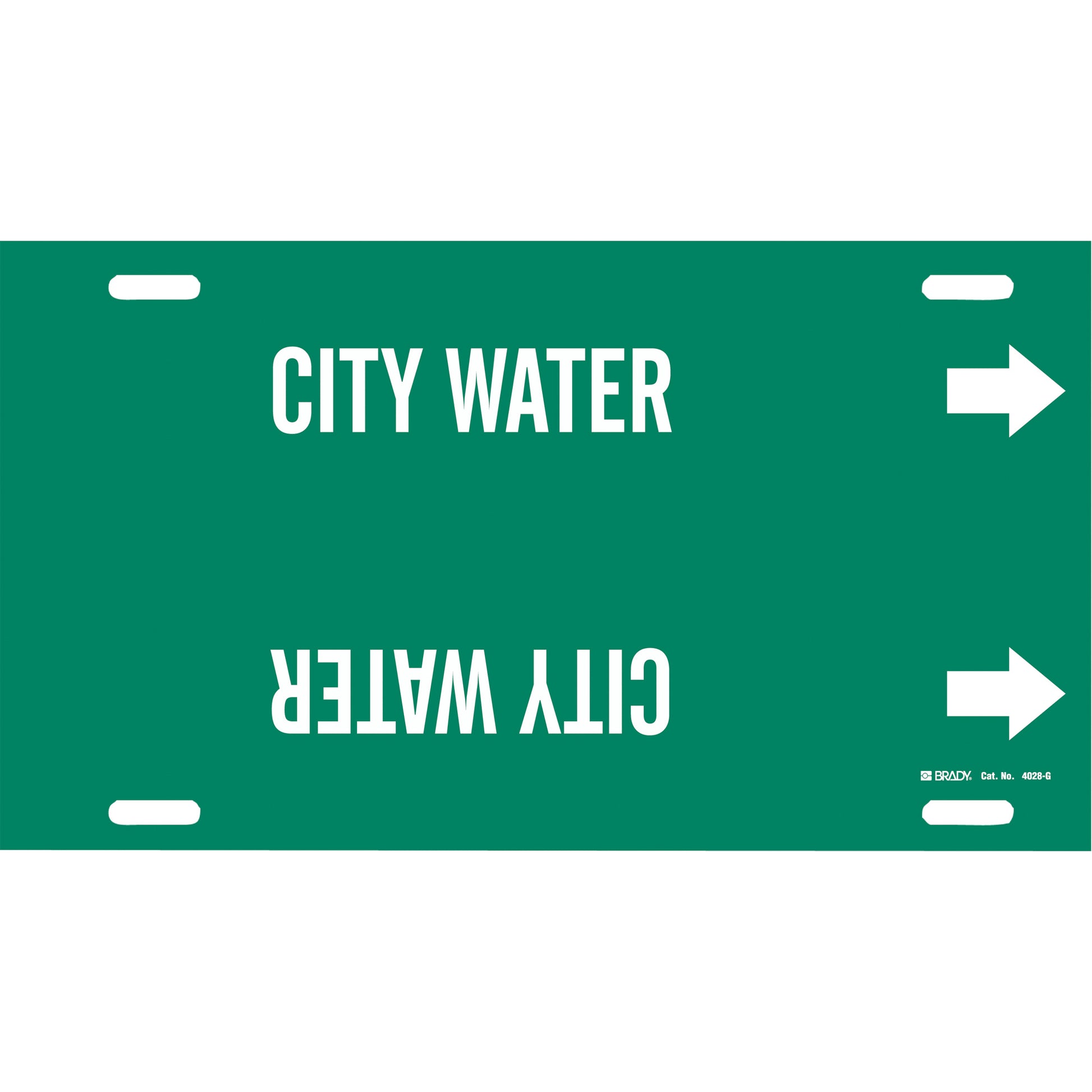 Brady "City Water" Pipe Marker, Strap-On, 10" H x 24" W, White on Green
