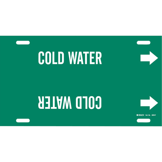 Brady "Cold Water" Pipe Marker, Strap-On, 8" H x 16" W, White on Green