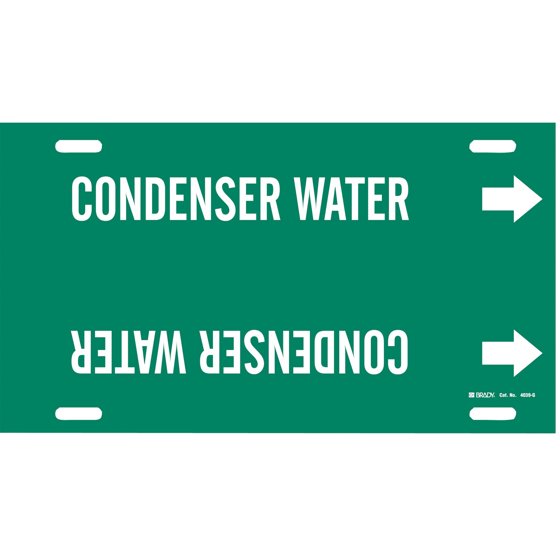 Brady "Condenser Water" Pipe Marker, Strap-On, 10" H x 24" W, White on Green