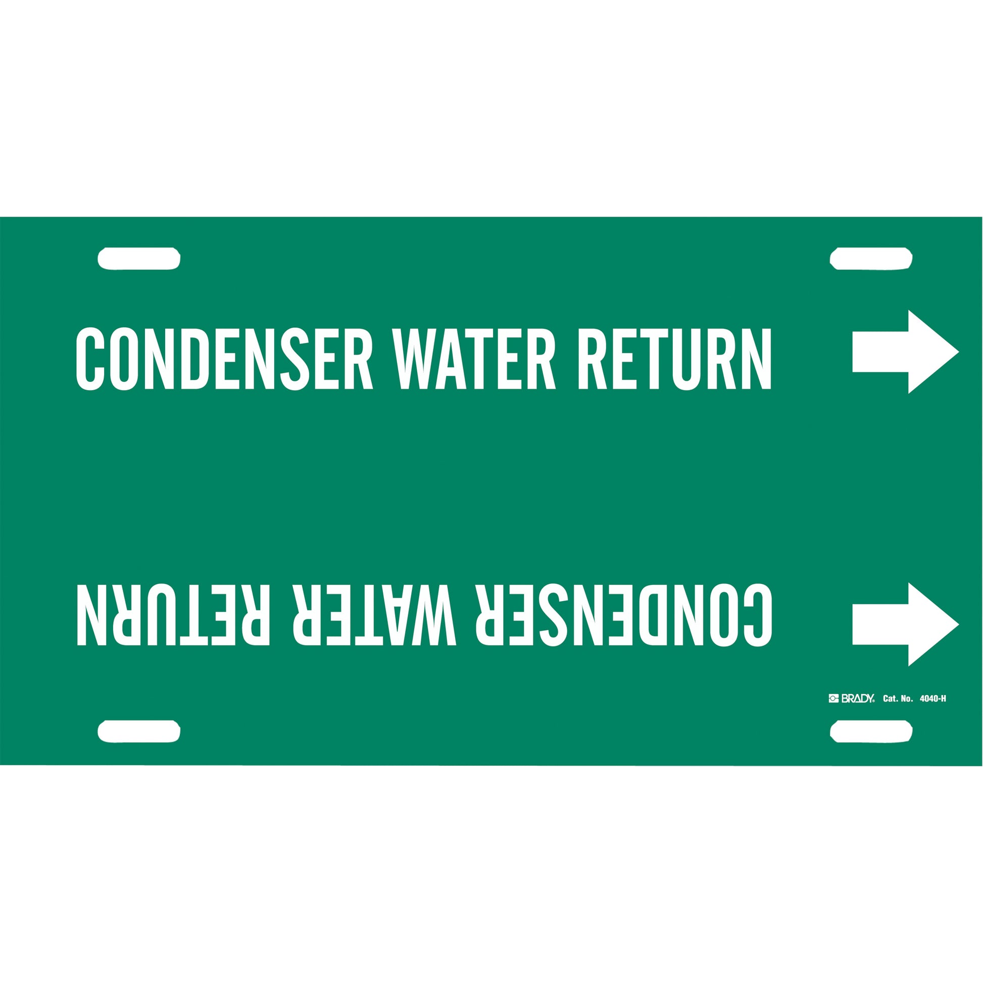 Brady "Condenser Water Return" Pipe Marker, Strap-On, 10" H x 32" W, White on Green