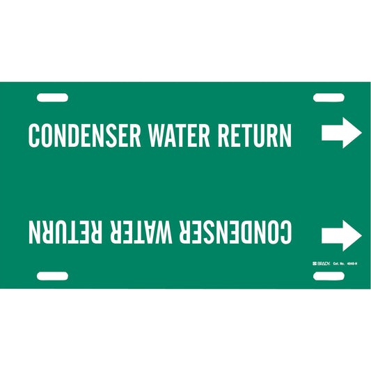 Brady "Condenser Water Return" Pipe Marker, Strap-On, 10" H x 32" W, White on Green