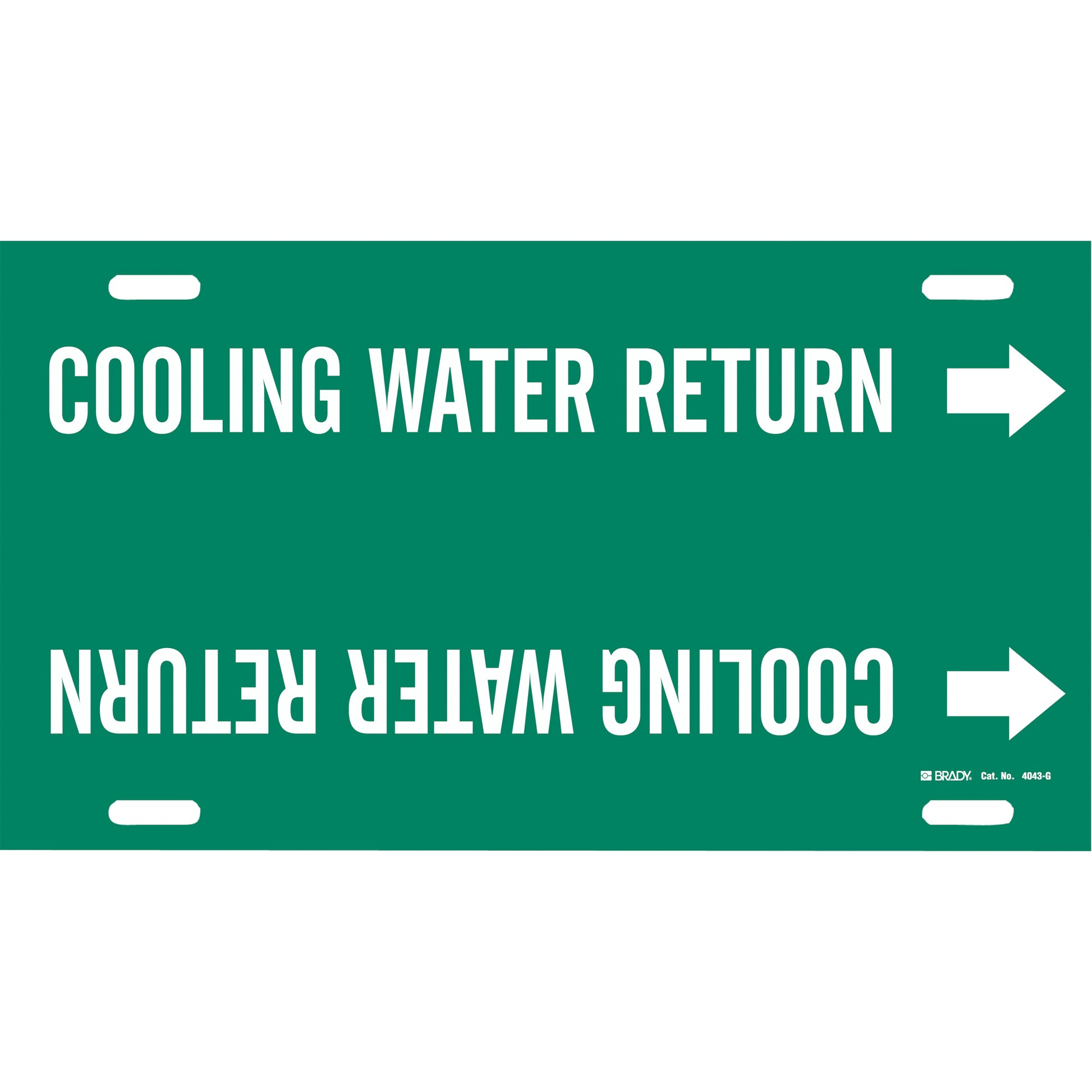 Brady "Cooling Water Return" Pipe Marker, Strap-On, 10" H x 24" W, White on Green