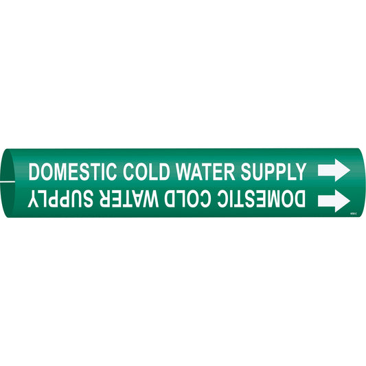 Brady "Domestic Cold Water Supply" Pipe Marker, Snap-On, 2" H x 2" W, White on Green