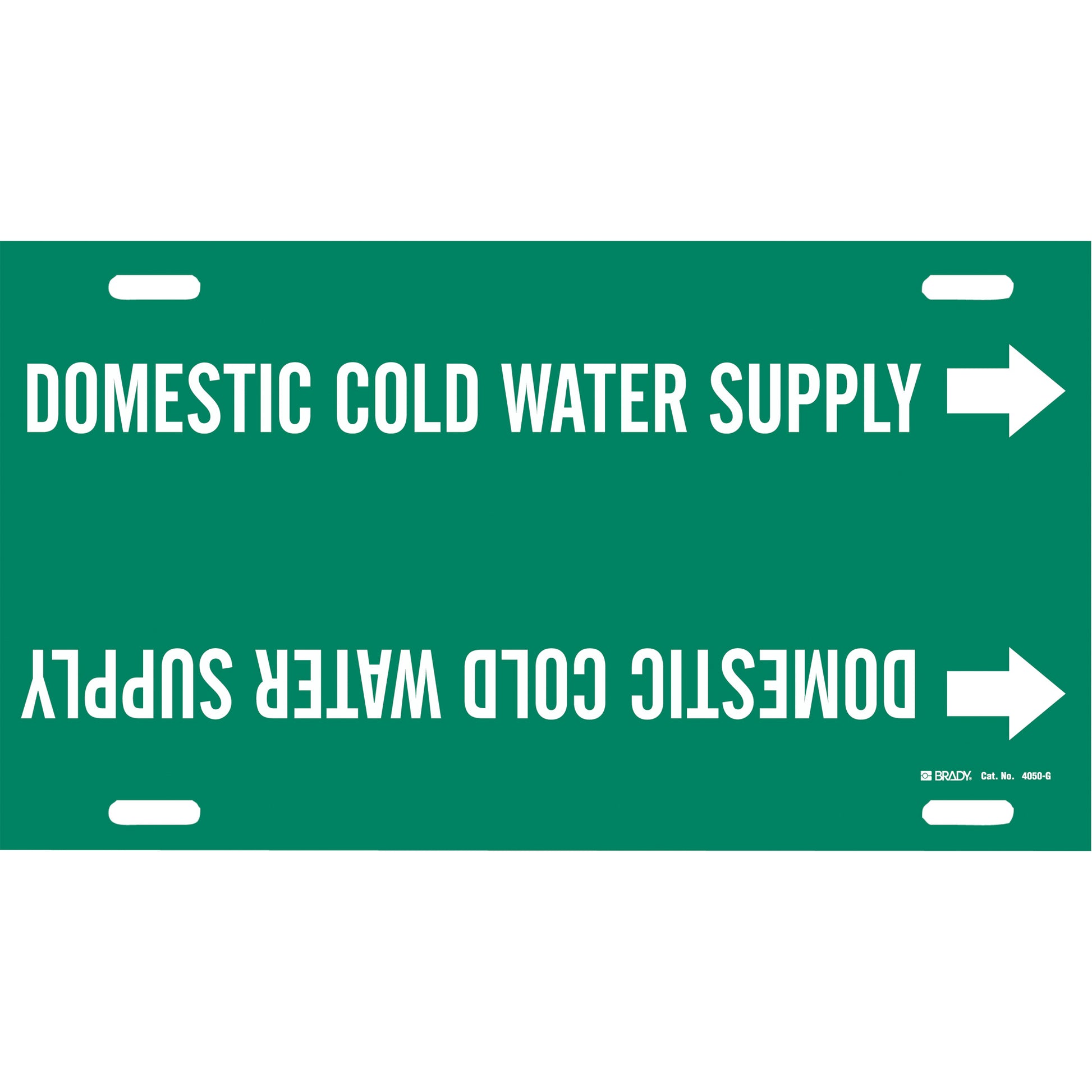 Brady "Domestic Cold Water Supply" Pipe Marker, Strap-On, 10" H x 24" W, White on Green