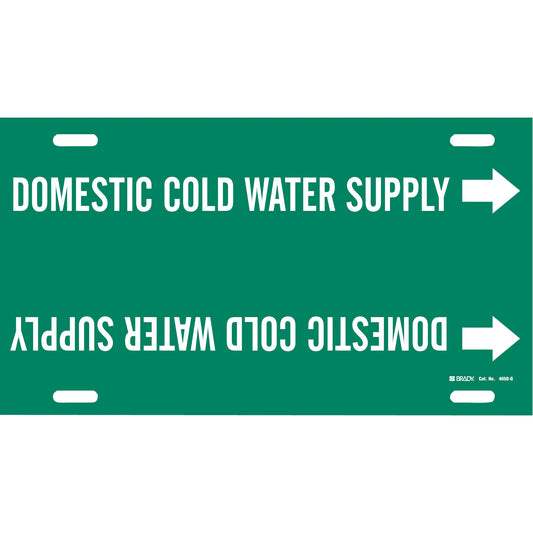 Brady "Domestic Cold Water Supply" Pipe Marker, Strap-On, 10" H x 24" W, White on Green