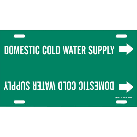 Brady "Domestic Cold Water Supply" Pipe Marker, Strap-On, 10" H x 32" W, White on Green