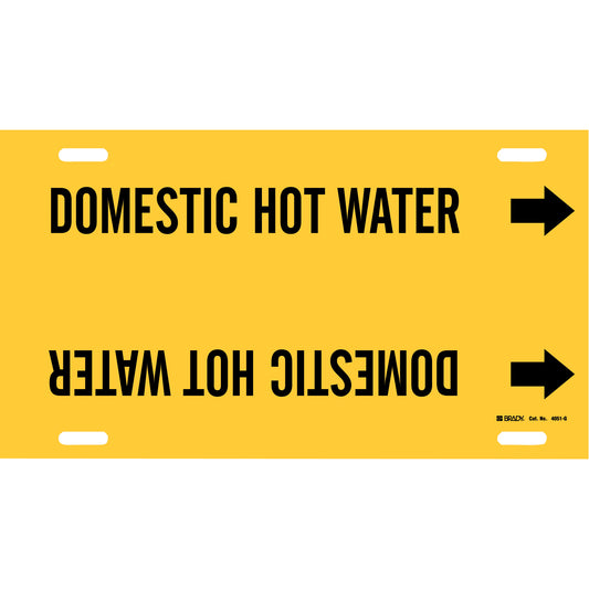 Brady "Domestic Hot Water" Pipe Marker, Strap-On, 10" H x 24" W, Black on Yellow