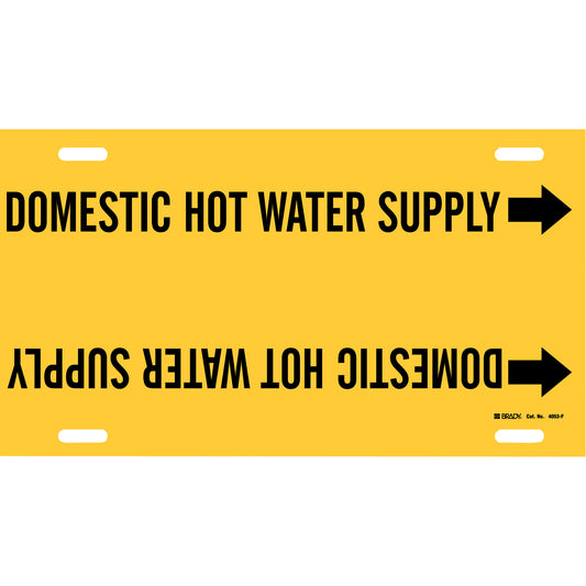 Brady "Domestic Hot Water Supply" Pipe Marker, Strap-On, 8" H x 16" W, Black on Yellow