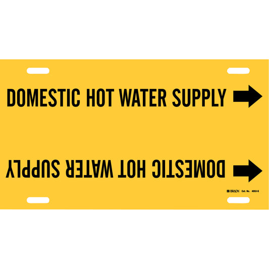 Brady "Domestic Hot Water Supply" Pipe Marker, Strap-On, 10" H x 24" W, Black on Yellow