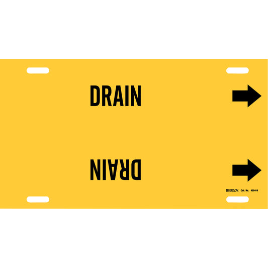Brady "Drain" Pipe Marker, Strap-On, 10" H x 32" W, Black on Yellow