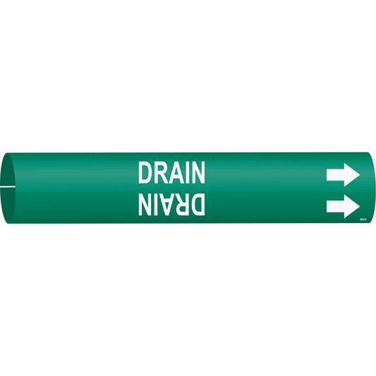 Brady "Drain" Pipe Marker, Snap-On, 2-13/16" H x 2-13/16" W, White on Green