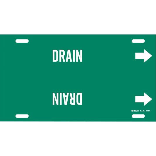 Brady "Drain" Pipe Marker, Strap-On, 10" H x 24" W, White on Green