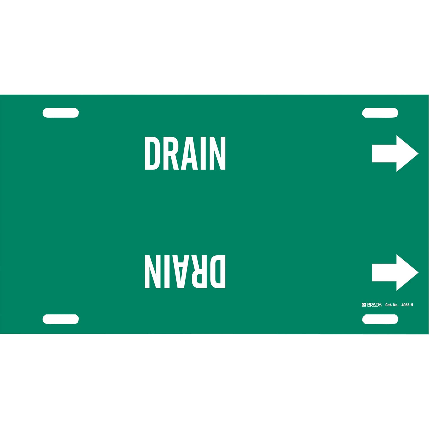 Brady "Drain" Pipe Marker, Strap-On, 10" H x 32" W, White on Green