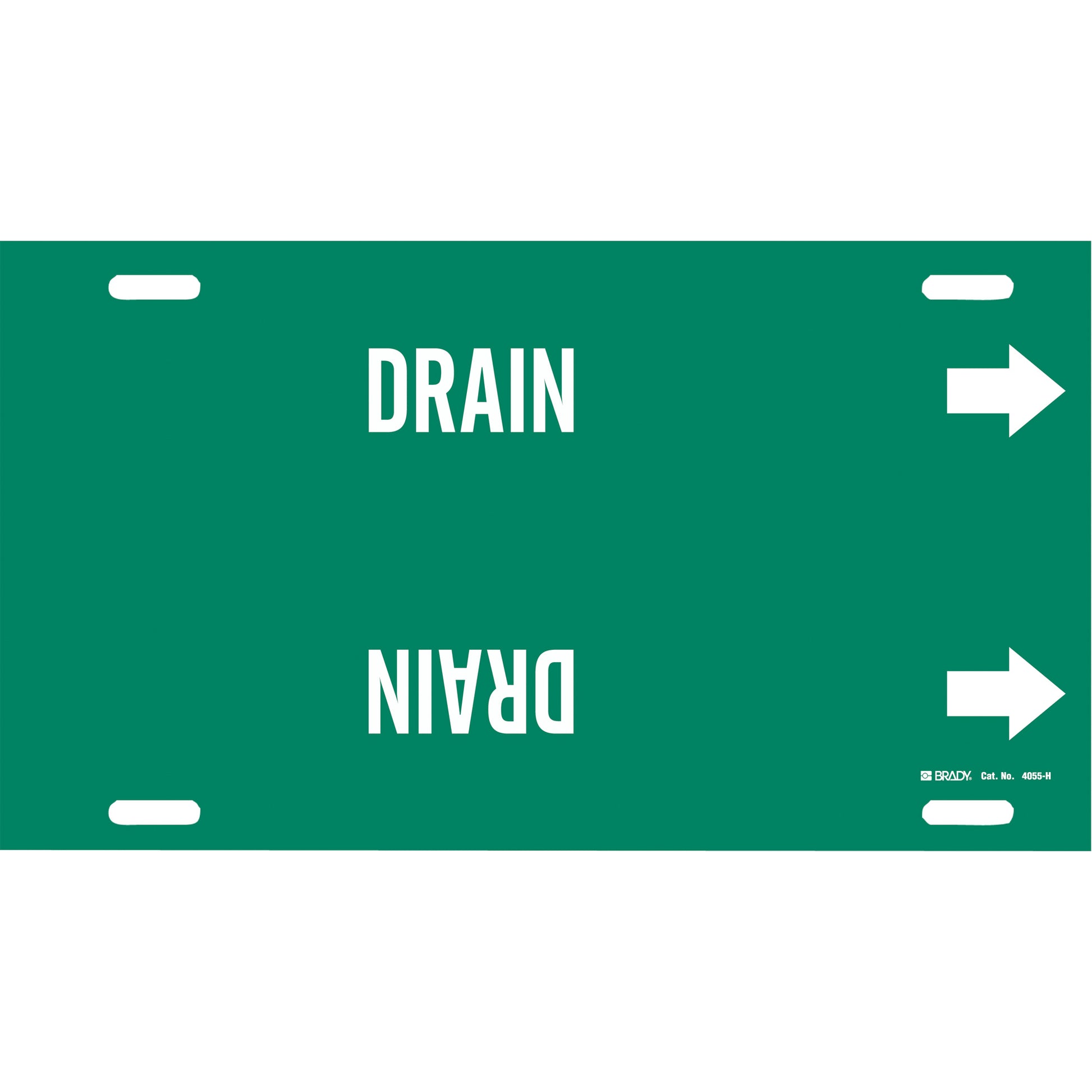 Brady "Drain" Pipe Marker, Strap-On, 10" H x 32" W, White on Green