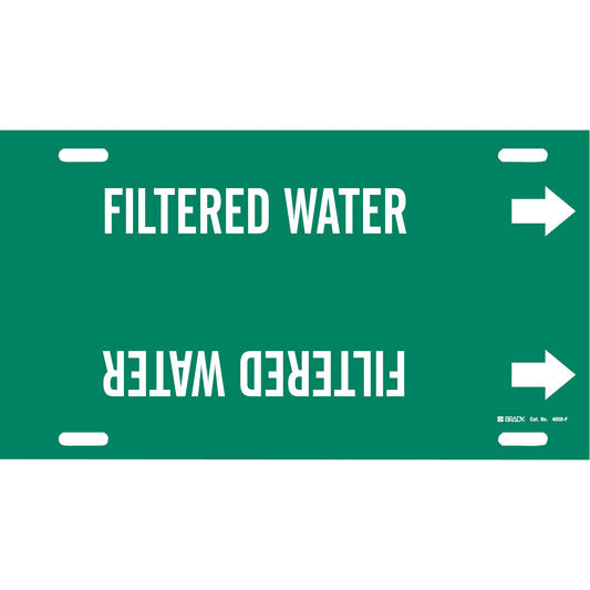 Brady "Filtered Water" Pipe Marker, Strap-On, 8" H x 16" W, White on Green