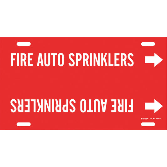 Brady "Fire Auto Sprinklers" Pipe Marker, Strap-On, 8" H x 16" W, White on Red