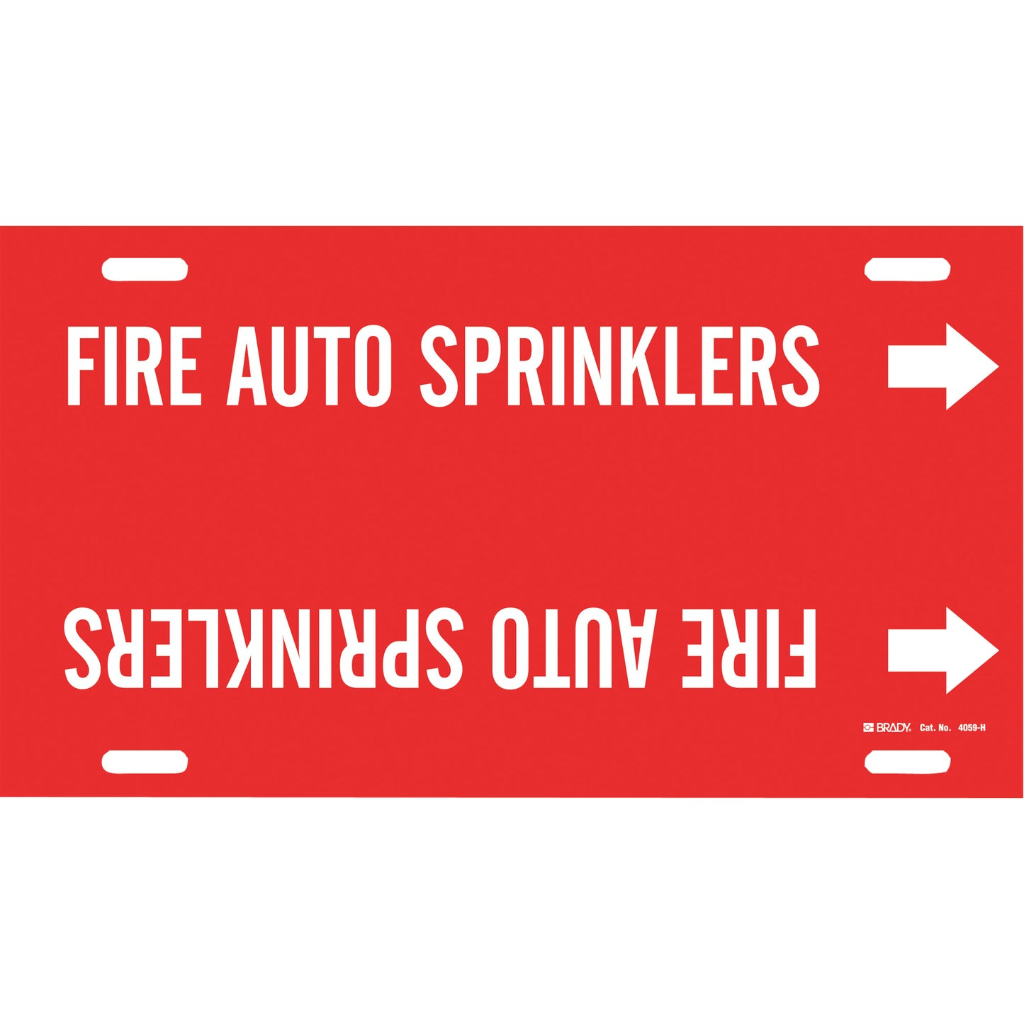 Brady "Fire Auto Sprinklers" Pipe Marker, Strap-On, 10" H x 32" W, White on Red