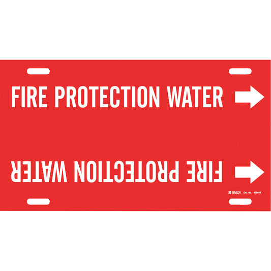 Brady "Fire Protection Water" Pipe Marker, Strap-On, 10" H x 32" W, White on Red
