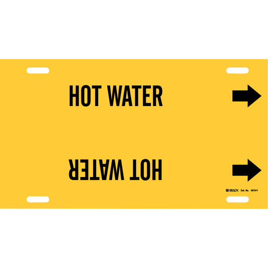 Brady "Hot Water" Pipe Marker, Strap-On, 8" H x 16" W, Black on Yellow