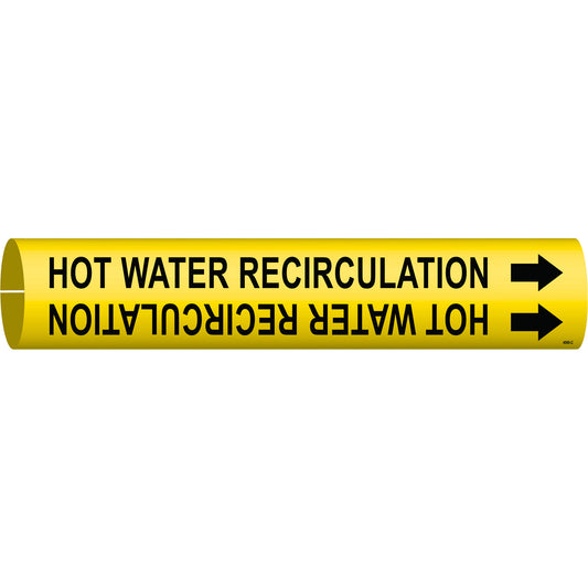 Brady "Hot Water Recirculation" Pipe Marker, Snap-On, 2" H x 2" W, Black on Yellow