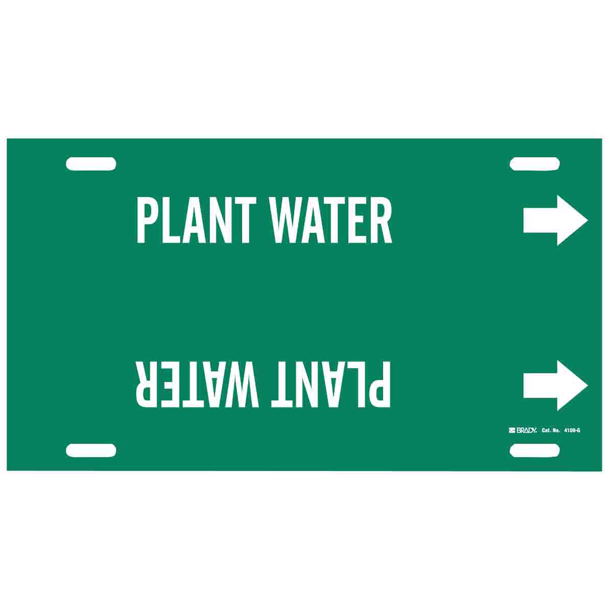 Brady "Plant Water" Pipe Marker, Strap-On, 10" H x 24" W, White on Green