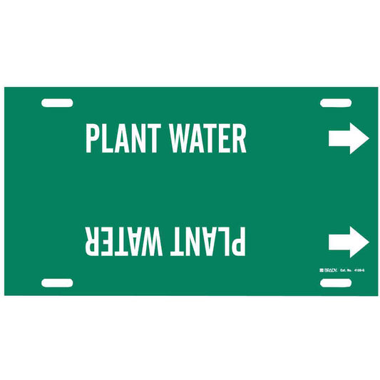 Brady "Plant Water" Pipe Marker, Strap-On, 10" H x 24" W, White on Green