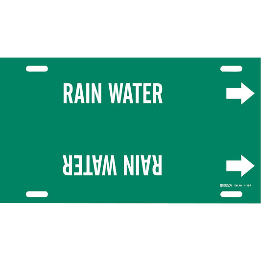 Brady "Rain Water" Pipe Marker, Strap-On, 8" H x 16" W, White on Green