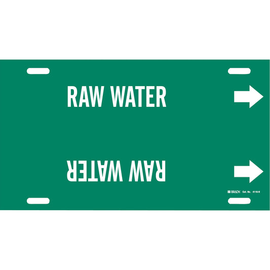 Brady "Raw Water" Pipe Marker, Strap-On, 10" H x 32" W, White on Green