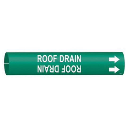 Brady "Roof Drain" Pipe Marker, Snap-On, 2-13/16" H x 2-13/16" W, White on Green