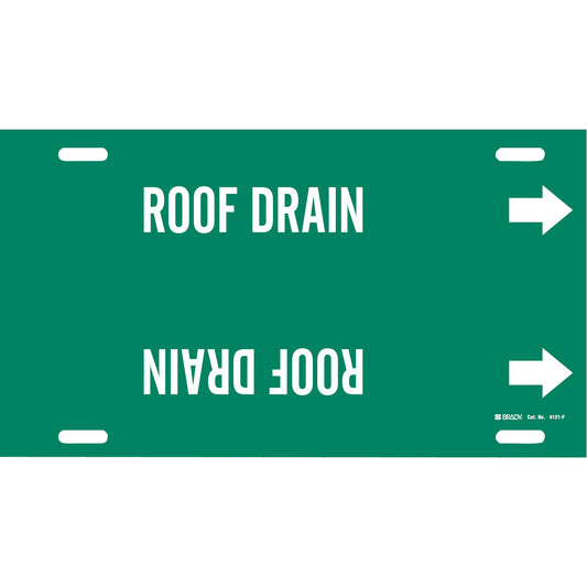 Brady "Roof Drain" Pipe Marker, Strap-On, 8" H x 16" W, White on Green