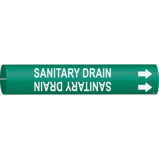 Brady "Sanitary Drain" Pipe Marker, Snap-On, 7/8" H x 7/8" W, White on Green