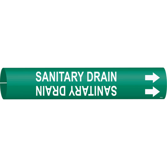 Brady "Sanitary Drain" Pipe Marker, Snap-On, 2" H x 2" W, White on Green