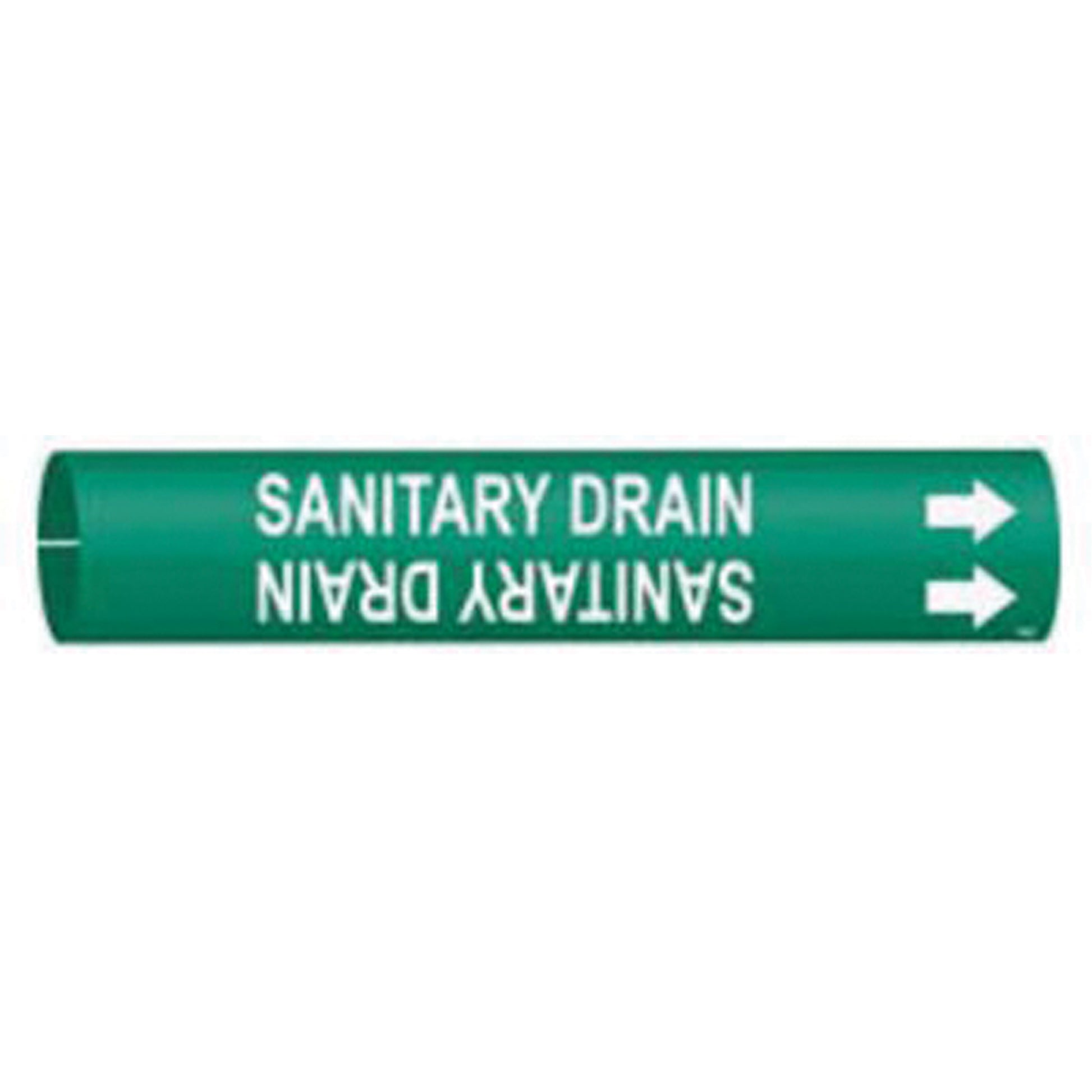 Brady "Sanitary Drain" Pipe Marker, Snap-On, 2-13/16" H x 2-13/16" W, White on Green