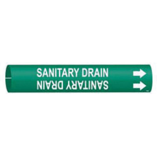 Brady "Sanitary Drain" Pipe Marker, Snap-On, 2-13/16" H x 2-13/16" W, White on Green