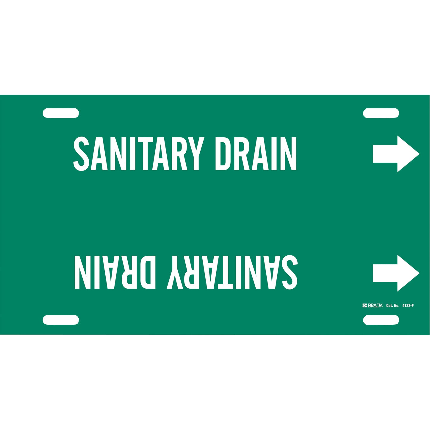 Brady "Sanitary Drain" Pipe Marker, Strap-On, 8" H x 16" W, White on Green