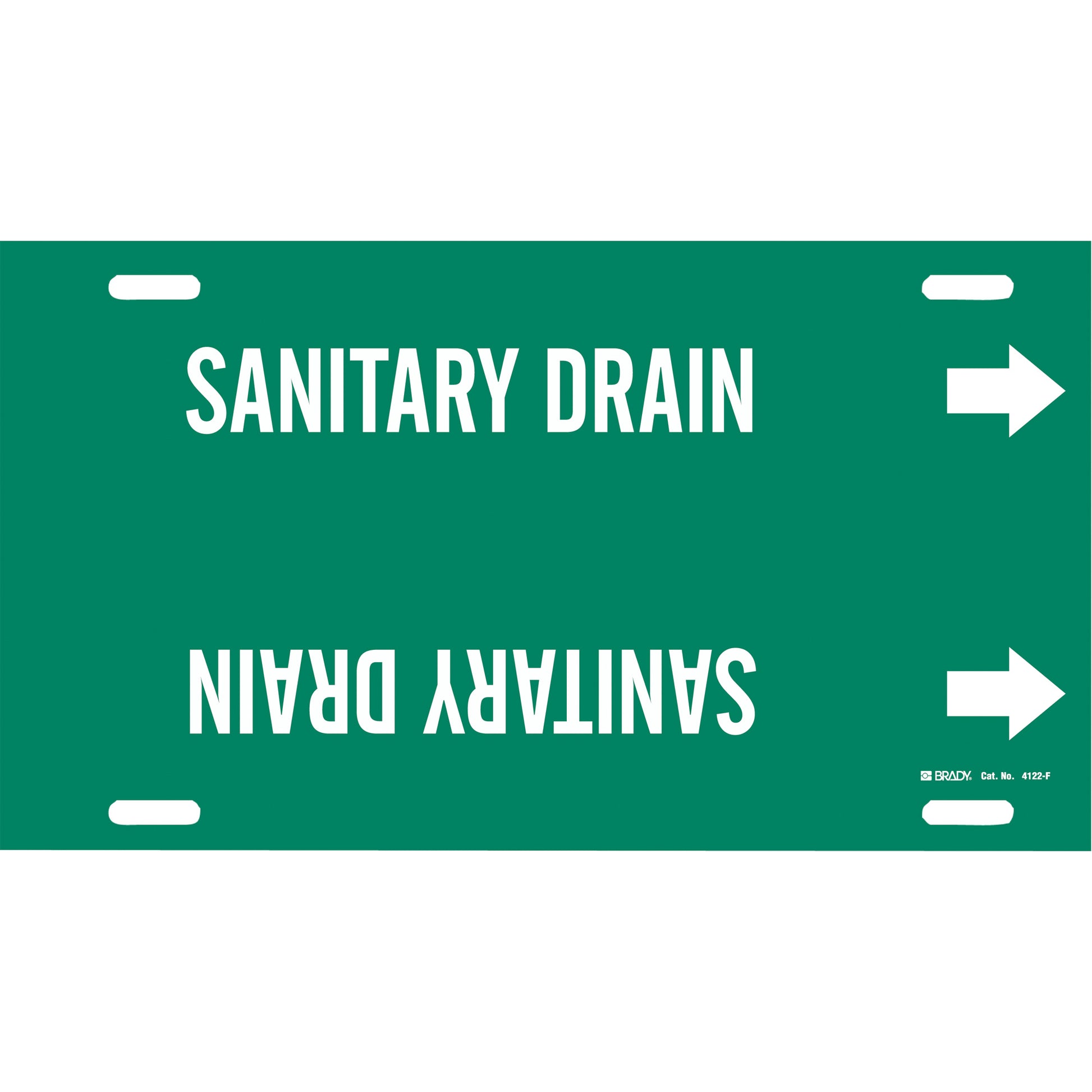 Brady "Sanitary Drain" Pipe Marker, Strap-On, 8" H x 16" W, White on Green