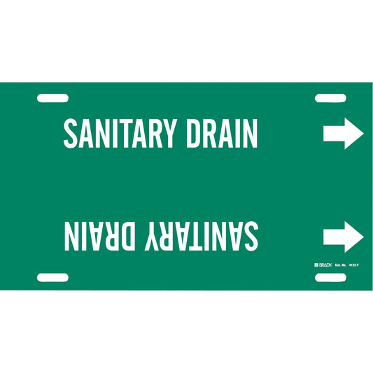 Brady "Sanitary Drain" Pipe Marker, Strap-On, 8" H x 16" W, White on Green