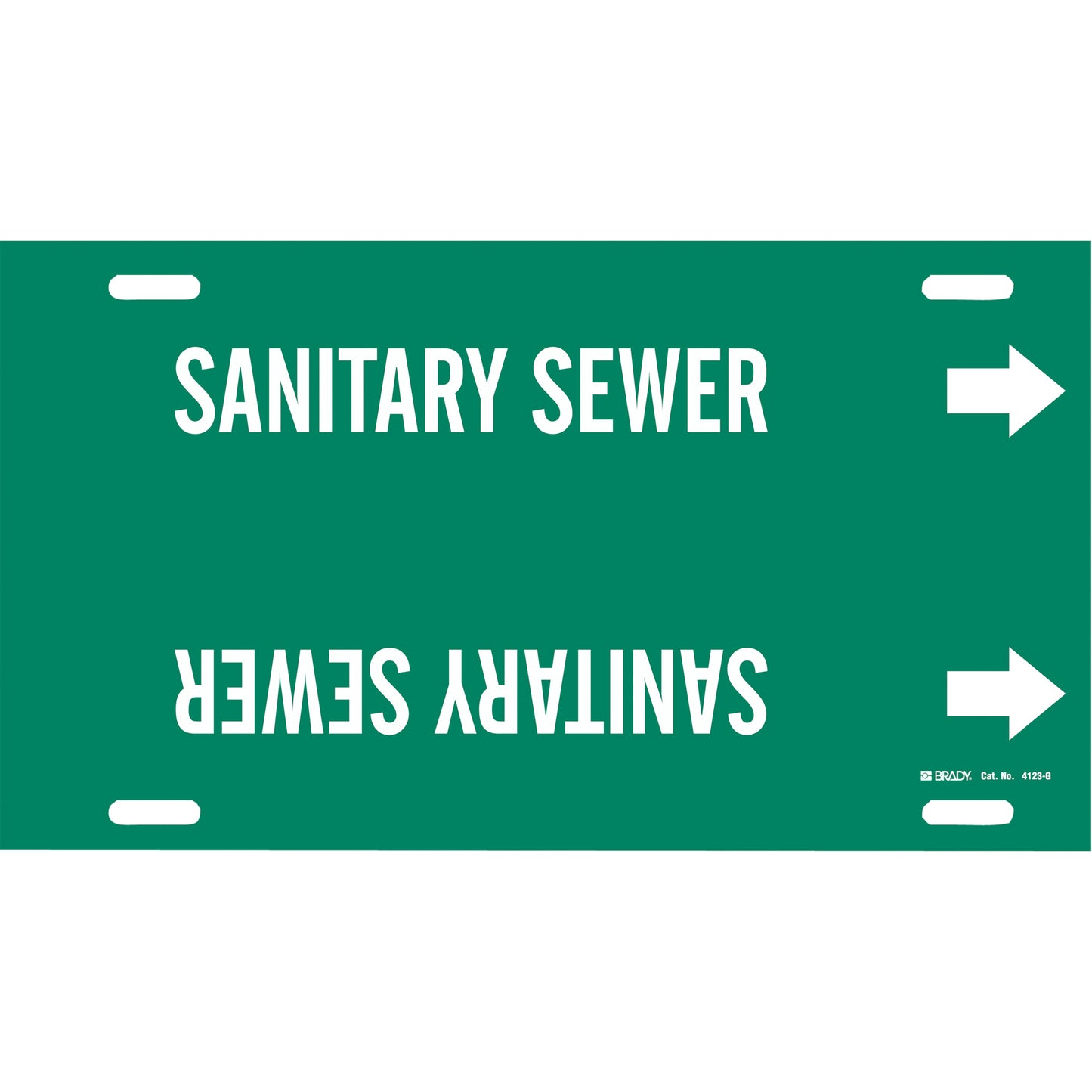 Brady "Sanitary Sewer" Pipe Marker, Strap-On, 10" H x 24" W, White on Green